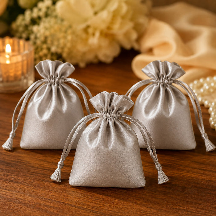 Luxury Satin Drawstring Potli Bag – Gold & Silver | Return Gift Pouch for Wedding, Festive & Jewelry Packaging (7 x 9 cm)