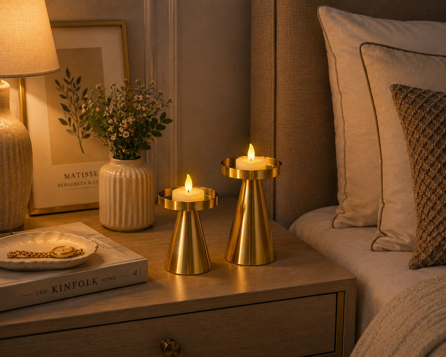 Modern Gold Metal Candle Holder Set – Elegant Decorative Pillar Candle Stand for Table Centerpiece, Living Room & Wedding Décor Pack 1 set of 2pcs (Small, Big )