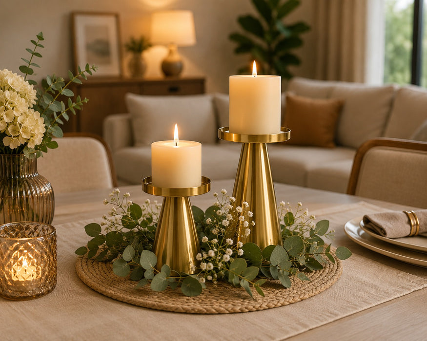 Modern Gold Metal Candle Holder Set – Elegant Decorative Pillar Candle Stand for Table Centerpiece, Living Room & Wedding Décor Pack 1 set of 2pcs (Small, Big )