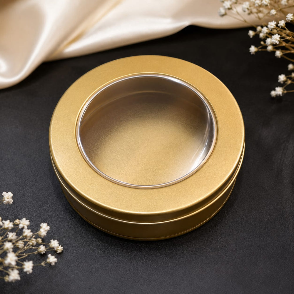 Round Gold Metal Tin Box with Transparent Window Lid | 3.9 × 1.5 Inch | Gift, Cookies, Chocolates & Dry Fruit Packaging