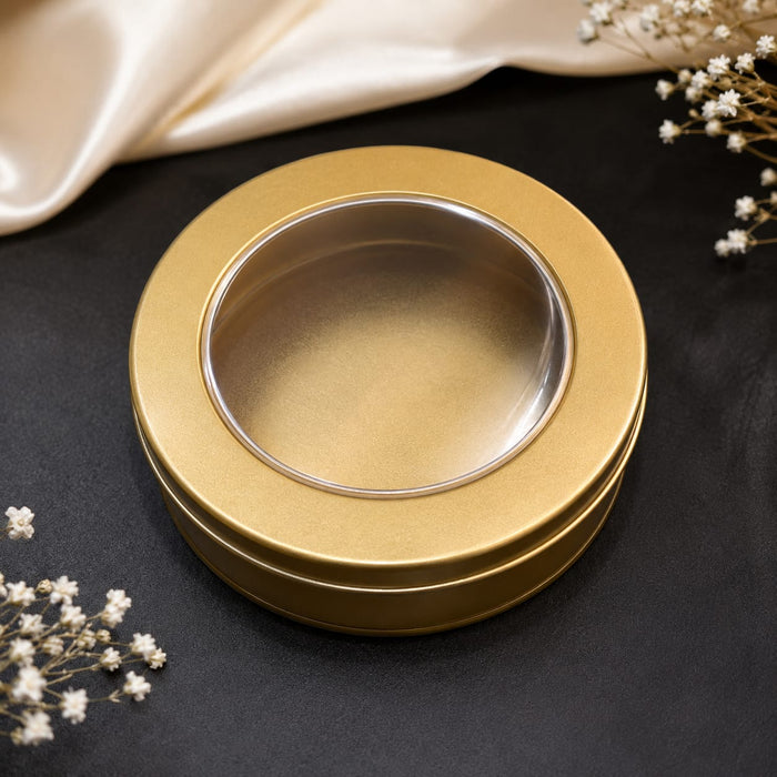 Round Gold Metal Tin Box with Transparent Window Lid | 3.9 × 1.5 Inch | Gift, Cookies, Chocolates & Dry Fruit Packaging