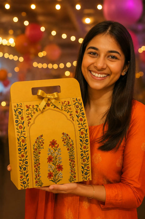(Small Size )Yellow Rajwadi Gift Hamper Box with Ribbon | 21 × 30 × 10 cm | Premium Cardboard Gift Box for Dry Fruits, Sweets & Chocolates