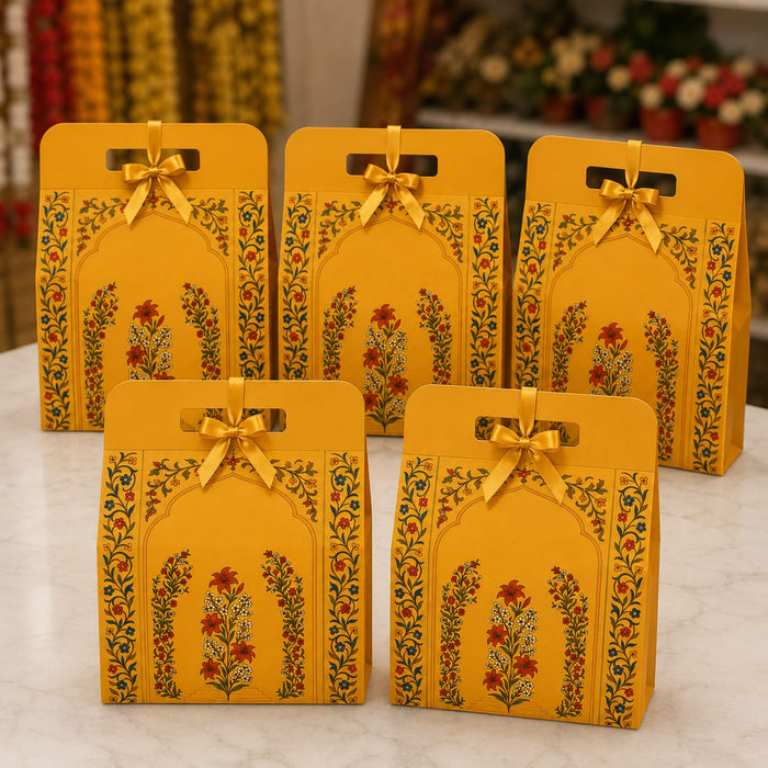 (Small Size )Yellow Rajwadi Gift Hamper Box with Ribbon | 21 × 30 × 10 cm | Premium Cardboard Gift Box for Dry Fruits, Sweets & Chocolates