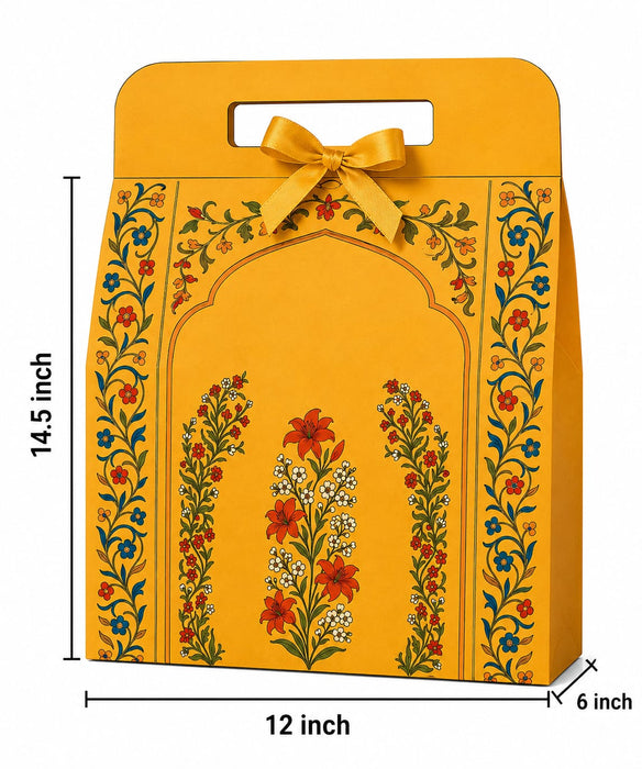 ( Big Size )Yellow Rajwadi Gift Hamper Box with Ribbon | 30 × 15 × 36 cm | 230 GSM Cardboard | Golden Foil Finish | Dry Fruits, Chocolates & Festive Gift Packaging