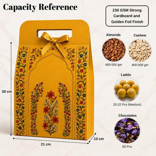 Yellow Rajawadi Gift Hamper Box with Ribbon | Premium Cardboard Gift Box for Dry Fruits, Sweets & Chocolates
