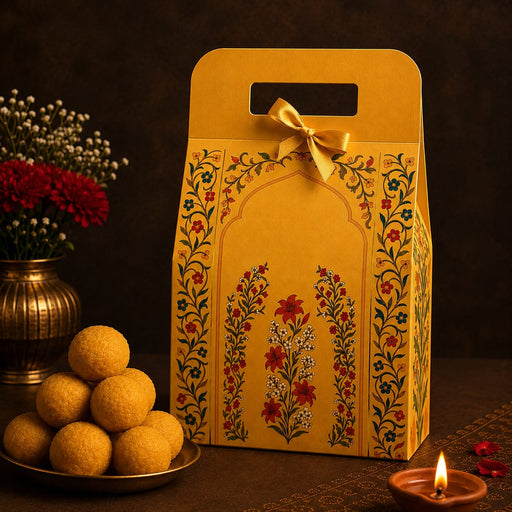 Yellow Rajawadi Gift Hamper Box with Ribbon | Premium Cardboard Gift Box for Dry Fruits, Sweets & Chocolates