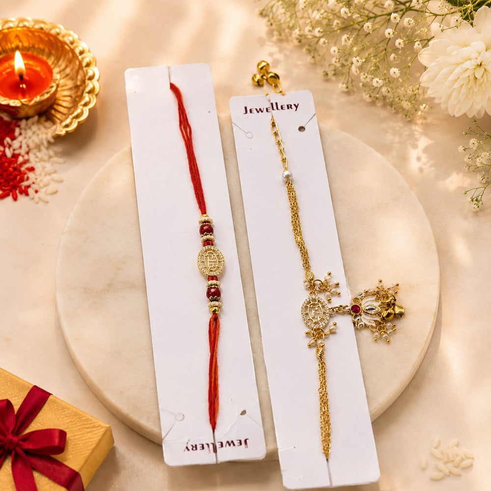 Bhai Bhabhi Rakhi Set with Lumba | Traditional Designer Raksha Bandhan Rakhi | Red Thread & Gold Finish | Premium Festive Rakhi