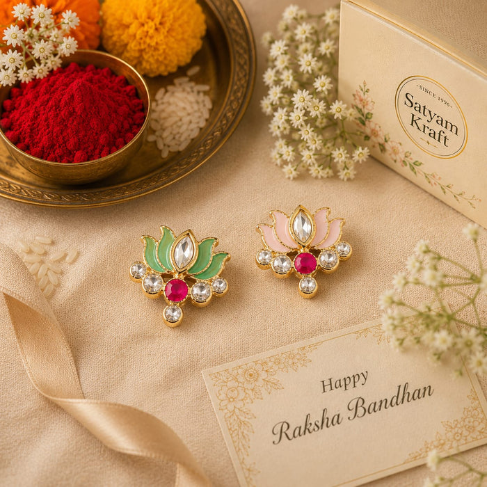 Lotus Kundan Rakhi Charms for DIY Rakhi Making | Enamel Metal Lotus Charms with Stone | Premium Raksha Bandhan Craft Supplies (2 Designs)