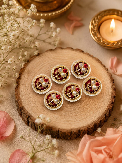 6 pcs Rakhi Premium Kundan Pearl Round Embellishment | Decorative Craft Embellishments for Rakhi, Lumba, Gift Packing, Trousseau, DIY Jewelry & Festive Decoration
