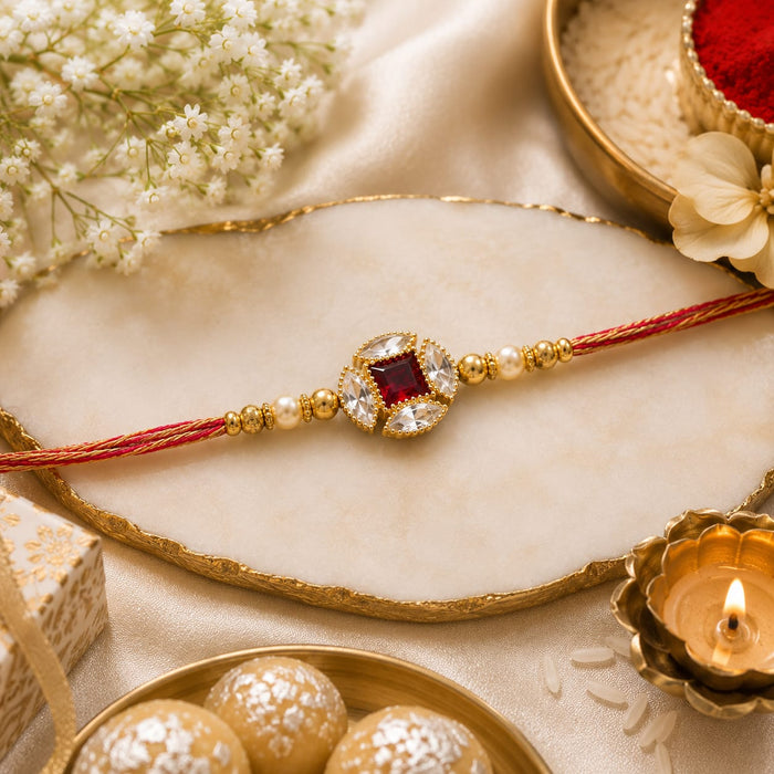 Premium Pearl Kundan Rakhi for Brother | Handmade Designer Rakhi with Square Stone | Traditional Raksha Bandhan Thread