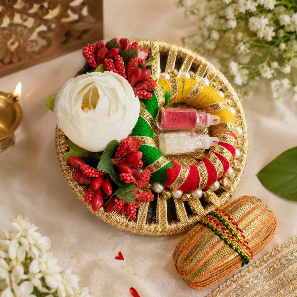 Handcrafted Rakhi Roli Chawal Thali  with Gatt Nariyel, Roli Chawal  | Festive Raksha Bandhan Platter