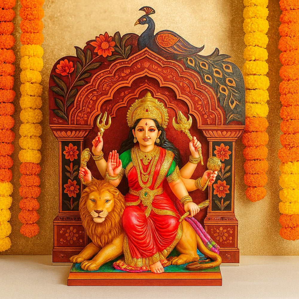 3D Handcrafted Foldable Wooden Mandap Backdrop | Peacock & Floral Design | Ganesh Chaturthi, Janmashtami, Durga Pujo, Navratri & Diwali Home Temple Decor