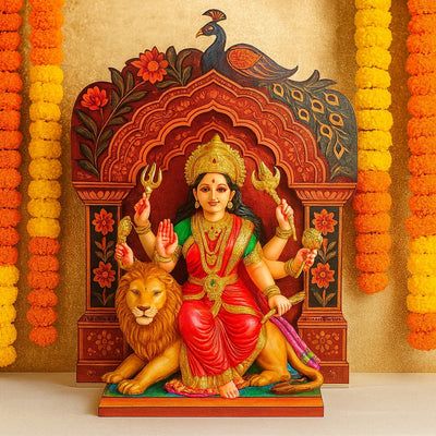 3D Handcrafted Foldable Wooden Mandap Backdrop | Peacock & Floral Design | Ganesh Chaturthi, Janmashtami, Durga Pujo, Navratri & Diwali Home Temple Decor