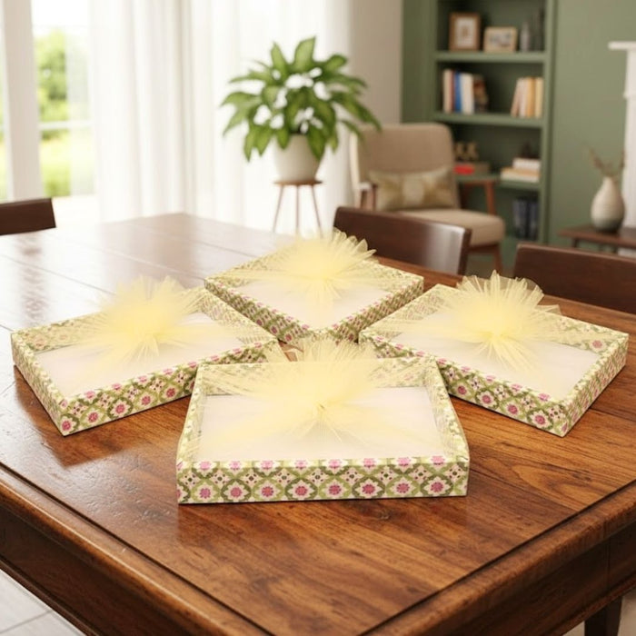 4 Pcs Multipurpose Decorative Folding Paper Box Net Rectangle Cardboard Box with Net DIY Tray for Gift Hamper, Gifting (Cardboard Folding Paper Box),Room Hamper,Wedding Hamper