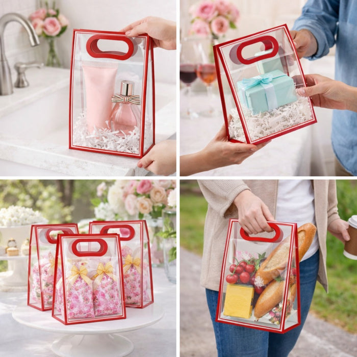 Big Size (30 X 12 X 40 CM) Transparent Bag Goodie Bags, Clear Gift Bag, Hamper Bag,Carry Bags,Shopping Gift Bag,Gifting,Presents,Return Gifts,Birthday,Festivals,Events (RED).