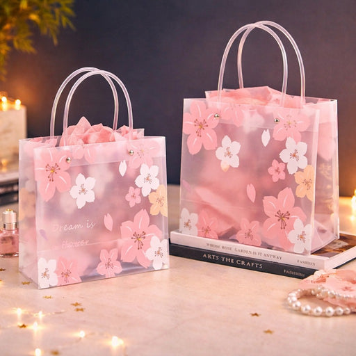 Transparent Gift Bag with Floral Print & leather Handle | Gift Bag for Her/Him, Handle hamper bag, Carry Bags, shopping gift bag, Presents, Packing, Wedding Return Gifts, Birthday, Events, Festivals (Pink) (24 cm x 22 cm)