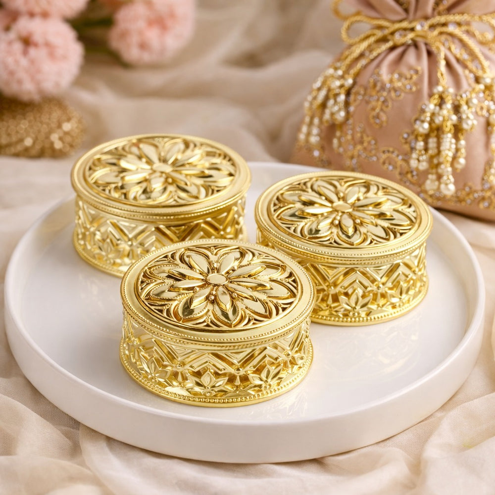 Small Round Decorative Golden Acrylic Box For Mini Storage, Gift box, Ring Jewellery Trinket Box, Candy Container Case DIY, Wedding gift, Return gift, Christmas Decoration Item (Golden Boxes) (Small)