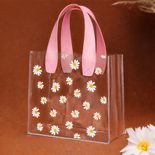 6 Pcs Transparent Gift Bag with Floral Print with Handle | Gift Bag for Her / Him,Handle hamper bag, Carry Bags, shopping gift bag, Presents, Packing, Wedding Return Gifts, Birthday, Events, Festivals (17 x 19 cm)