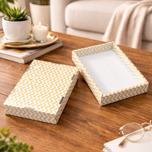 Golden color Multipurpose Decorative Viral Folding Paper Box (without net and Twister) Rectangle Cardboard Box DIY Tray for Gift Hamper, Gifting (Cardboard Folding Paper Box),Room Hamper,Wedding Hamper