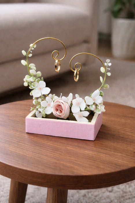 1 pcs Decorative Wedding Ring Platter with Golden Ring Stand & Floral Base | Engagement Ring Ceremony Holder Tray for Bride Groom Ring Exchange Decoration