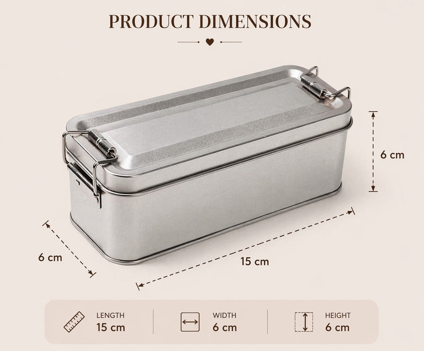 Premium Tin Material Packing Box (15×6×6 cm) | Food Container for Fruits,Desserts, Snacks, Gifting ,Tiffin, Picnic & Travel ( Not For Liquids )