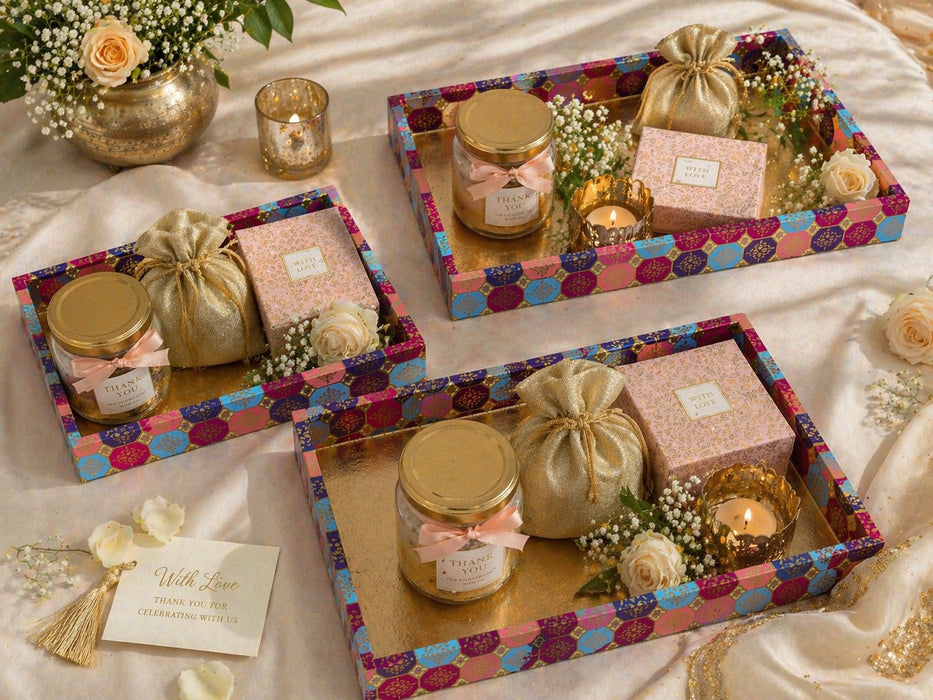 Multipurpose Golden MDF Cardboard Trays – Decorative Hamper & Gifting Packaging Set (9x12, 10x14, 12x16 Inches)