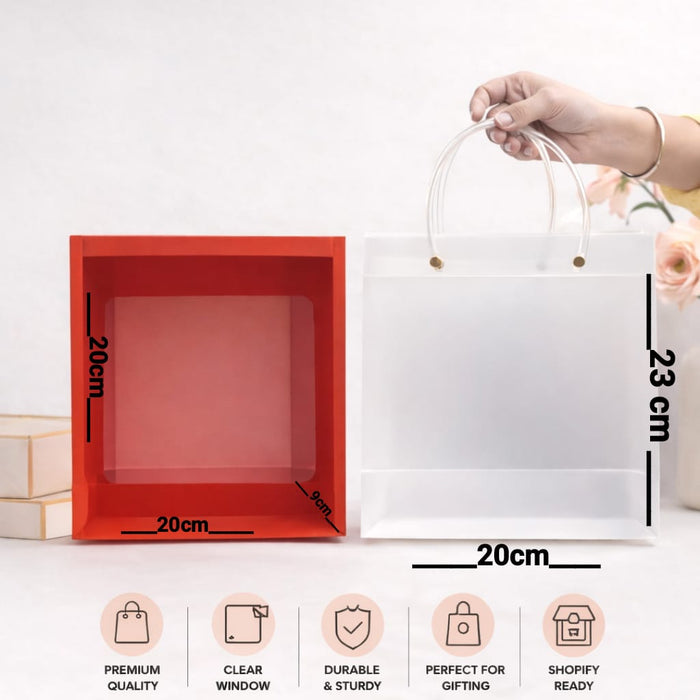 Foldable Transparent Gift Hamper Box with Handle | Reusable PVC Carry Bag for Gifting, Wedding Hampers & Packaging (Red, White, Sky Blue, Orange)