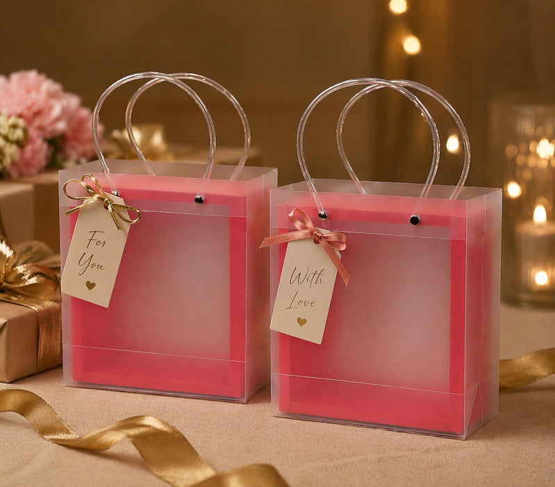 Foldable Transparent Gift Hamper Box with Handle | Reusable PVC Carry Bag for Gifting, Wedding Hampers & Packaging (Red, White, Sky Blue, Orange)