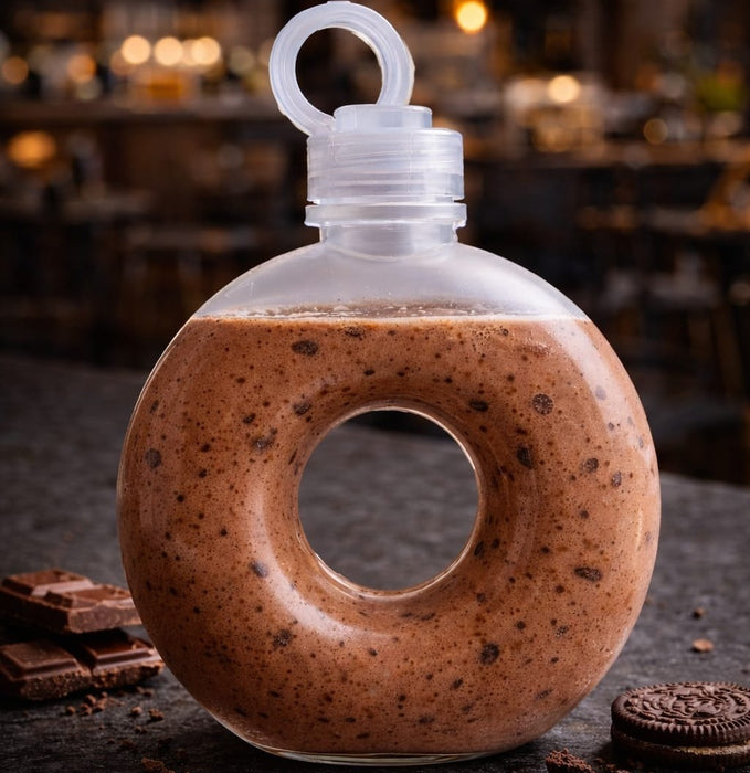 Celebrity Style Packing Bottles, Designer PET Jars with Cap celebrity style jar ( Donut & Translucent Donut Shape) | Trendy Plastic Bottles for Boba Tea, Juice, Mojito, Dry Fruits & Gifting