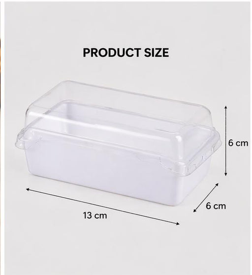 Transparent Dessert Packaging Box with Lid | White Base Plastic Cake Box for Brownies, Pastries & Bento Cakes (13×6×6 cm)