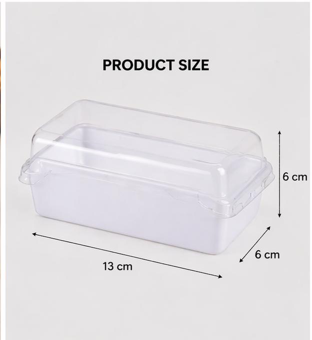 Transparent Dessert Packaging Box with Lid | White Base Plastic Cake Box for Brownies, Pastries & Bento Cakes (13×6×6 cm)