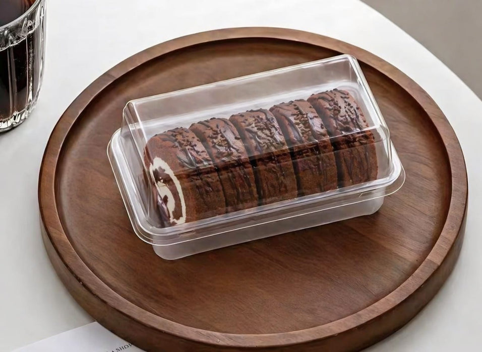 Transparent Dessert Packaging Box with Lid | White Base Plastic Cake Box for Brownies, Pastries & Bento Cakes (13×6×6 cm)