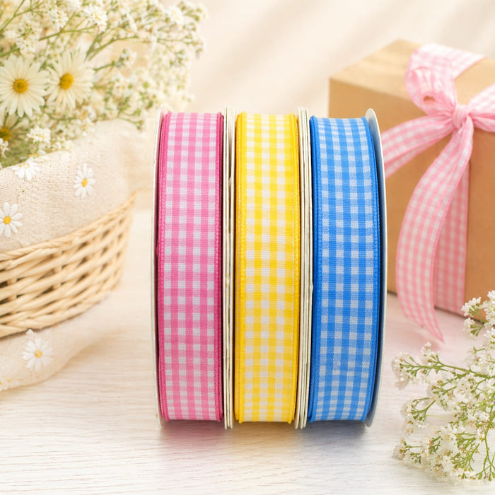 45 Meter Checks Ribbon Roll (Blue, Yellow, Pink) | Decorative Fabric Ribbon for Gift Wrapping, DIY Crafts & Packaging | 45 Meter Roll