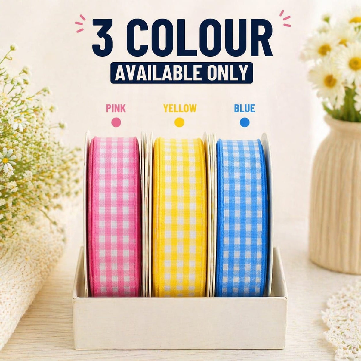 45 Meter Checks Ribbon Roll (Blue, Yellow, Pink) | Decorative Fabric R ...