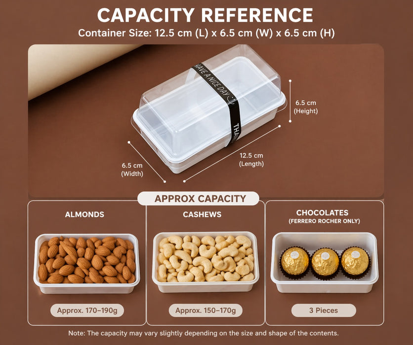 Rectangle Food Container with Transparent Lid (12.5 x 6.5 x 6.5 cm) | Dry Fruit, Chocolate & Snack Storage Box | Food Grade Reusable Container | Available in Multiple Colors