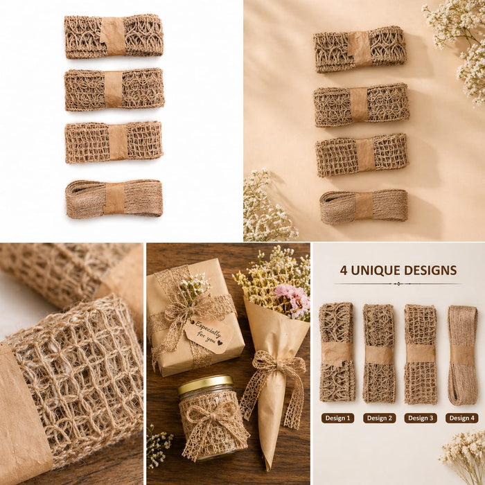 4 PcsPremium Decorative Jute Lace Ribbons Combo Pack | Jute Lace Rolls for Hampers, Toran, DIY Crafts & Gift Decoration