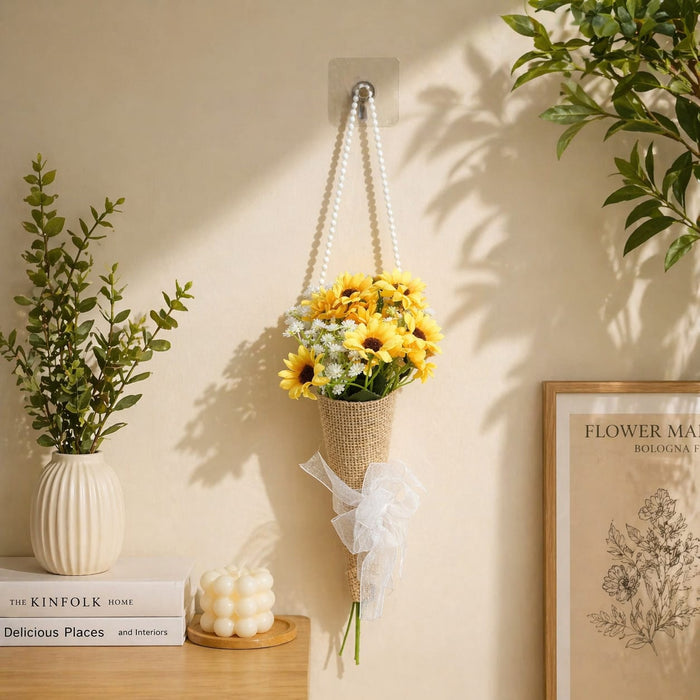 Artificial Daisy Flower Bouquet with Pearl Handle | Decorative Wall Hanging Floral Arrangement for Home Decor, Living Room, Gifting & Festive Decoration
