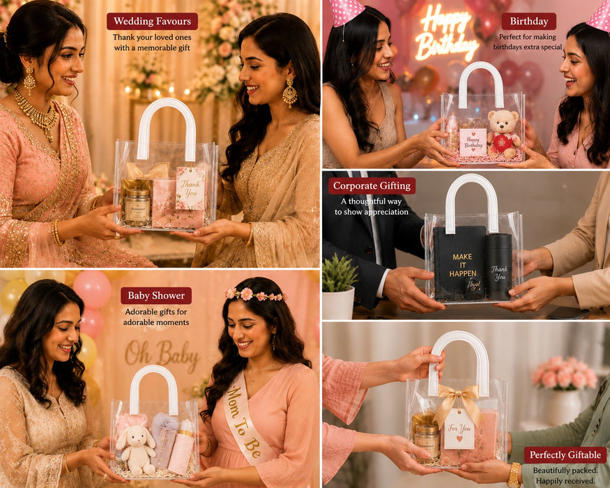 Medium Transparent PVC Gift Bag with Handle |7.5x9x4.5 inch Premium Carry Bag for Hampers, Gifting & Packaging | Available in White, Maroon, Orange & Blue