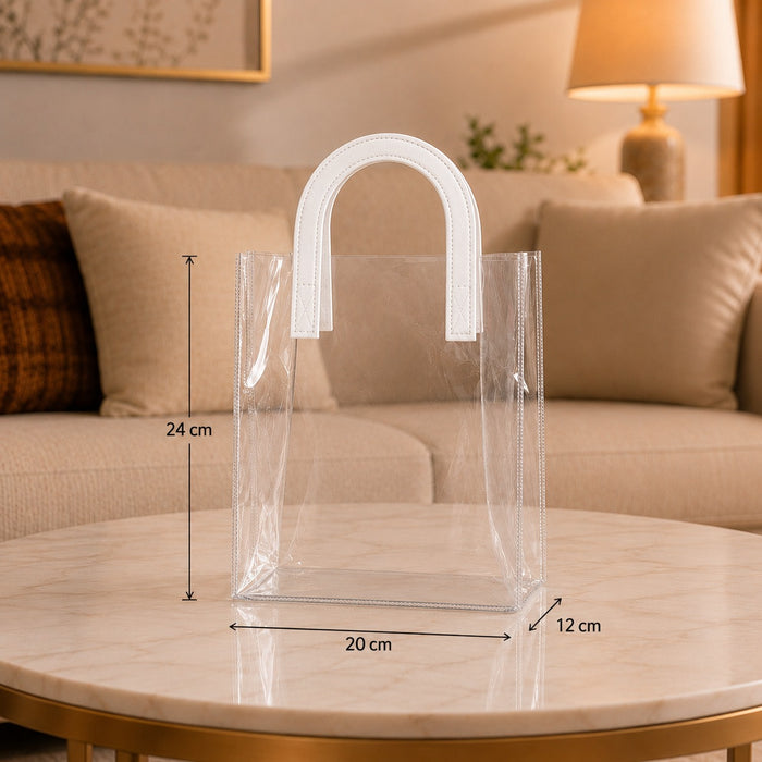 Medium Transparent PVC Gift Bag with Handle |7.5x9x4.5 inch Premium Carry Bag for Hampers, Gifting & Packaging | Available in White, Maroon, Orange & Blue