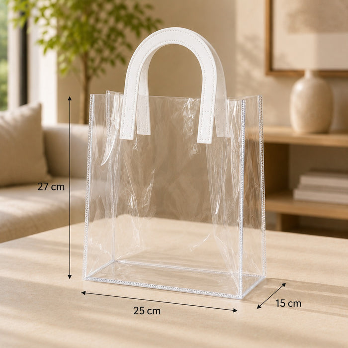 Medium Transparent PVC Gift Bag with Handle |7.5x9x4.5 inch Premium Carry Bag for Hampers, Gifting & Packaging | Available in White, Maroon, Orange & Blue