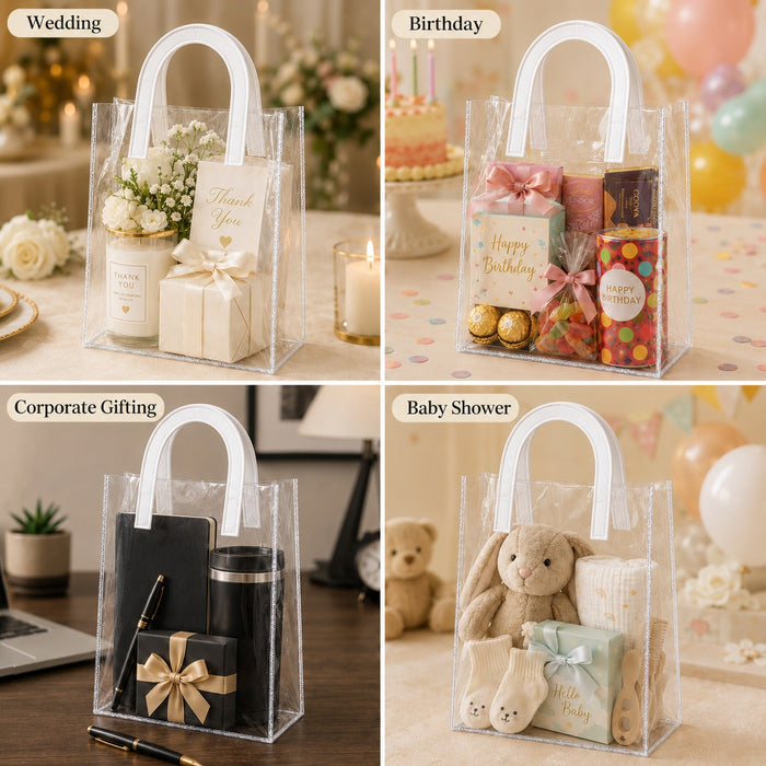 Medium Transparent PVC Gift Bag with Handle |7.5x9x4.5 inch Premium Carry Bag for Hampers, Gifting & Packaging | Available in White, Maroon, Orange & Blue