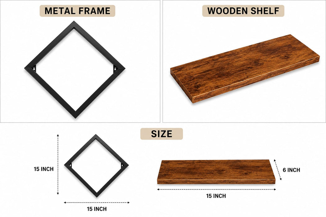 Modern Diamond Shape Wall Shelf Set 2– Wooden & Metal Floating Wall Rack for Home Décor