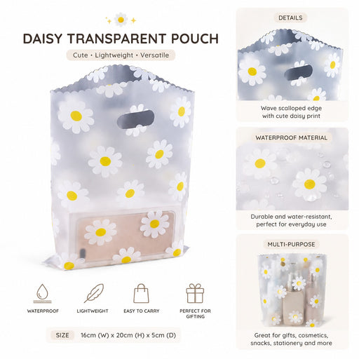 Daisy Print Frosted Plastic Gift Bag with Handle | Transparent Carry Bag for Gifts, Hampers & Return Favours
