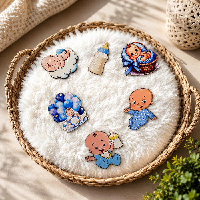 12 Pcs Baby Shower MDF Cutout 5-6 Inch Mix Design Set (Blue & Pink) | Baby Boy & Girl Hamper Decoration | DIY Welcome Baby Party Decor