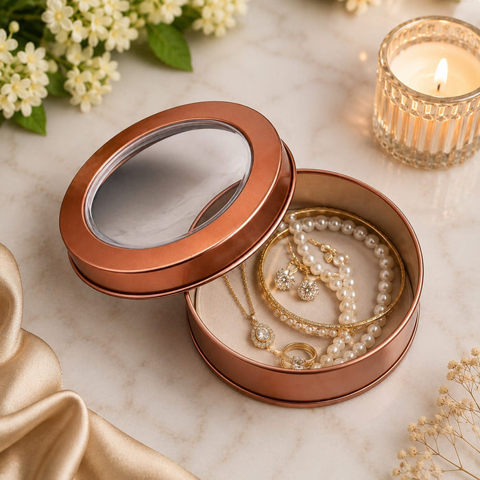 Round Gold Metal Tin Box with Transparent Window Lid | 3.9 × 1.5 Inch | Gift,Rakhi, Cookies, Chocolates & Dry Fruit Packaging