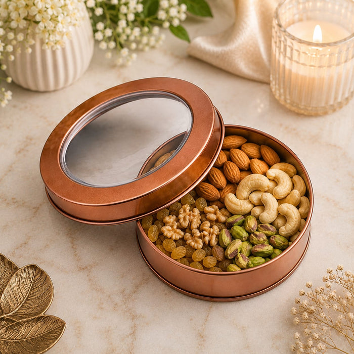 Round Gold Metal Tin Box with Transparent Window Lid | 3.9 × 1.5 Inch | Gift,Rakhi, Cookies, Chocolates & Dry Fruit Packaging