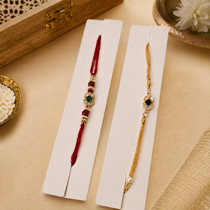 Bhai Bhabhi Rakhi Set with Lumba | Traditional Designer Raksha Bandhan Rakhi | Red Thread & Gold Finish | Premium Festive Rakhi