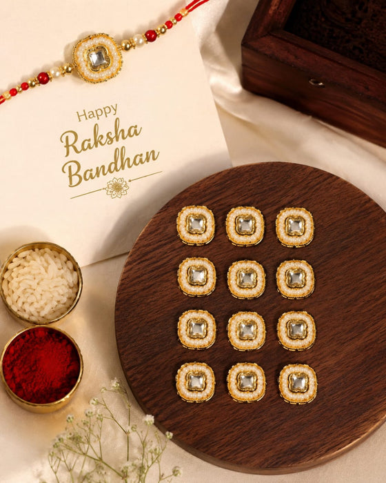 Premium Pearl Kundan Rakhi Charms | Square Mirror Design | DIY Rakhi Making Supplies | Bracelet, Lumba & Craft Decoration