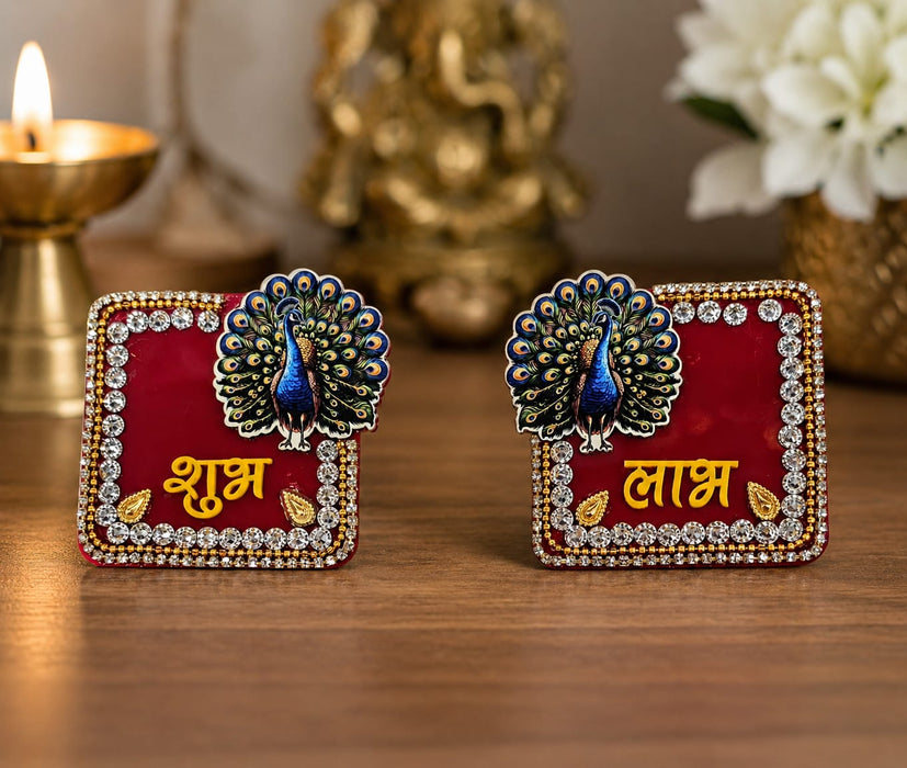 2 Pair Shubh Labh | Cow, Lotus, Elephant & Peacock Design | Decorative Entrance Door  | Pooja Room, Home, Office & Diwali Decoration