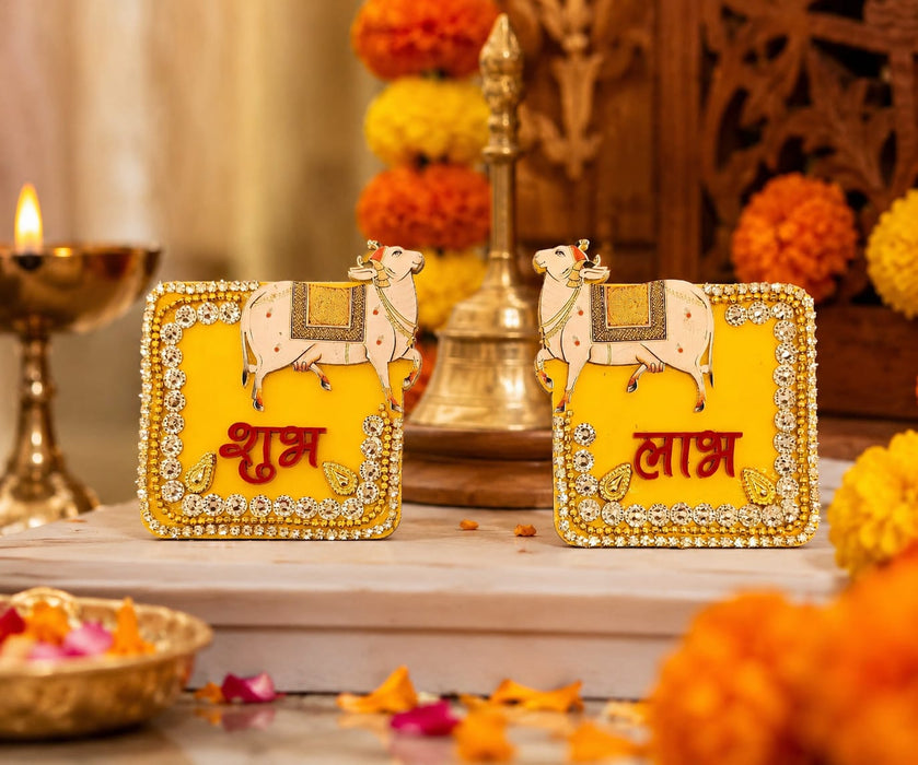 2 Pair Shubh Labh | Cow, Lotus, Elephant & Peacock Design | Decorative Entrance Door  | Pooja Room, Home, Office & Diwali Decoration